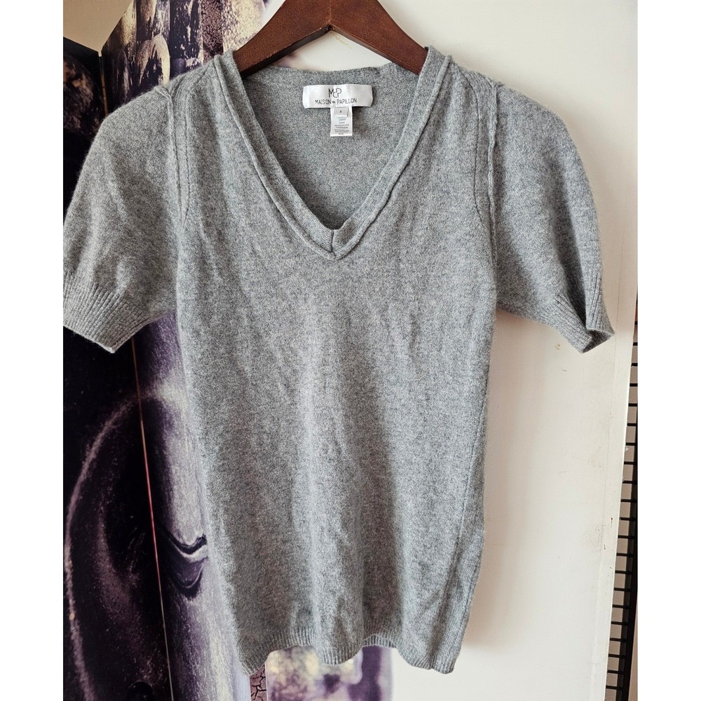 Maison de Papillon Gray 100% Mongolian Cashmere V-Neck Short Sleeve Sweater S